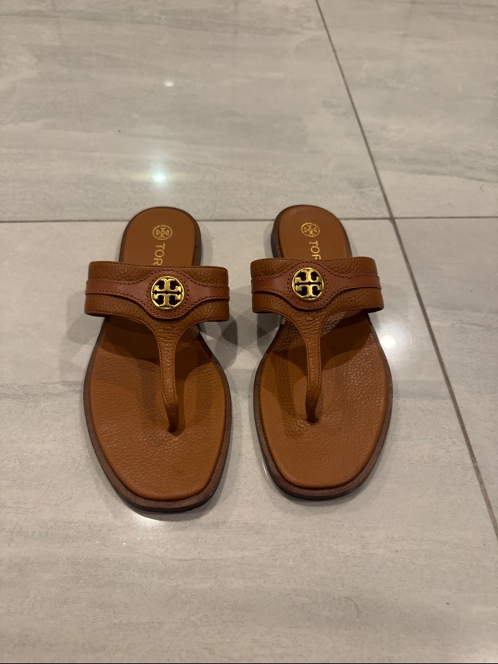 Tory Burch Cognac Leather Logo Thong Sandals